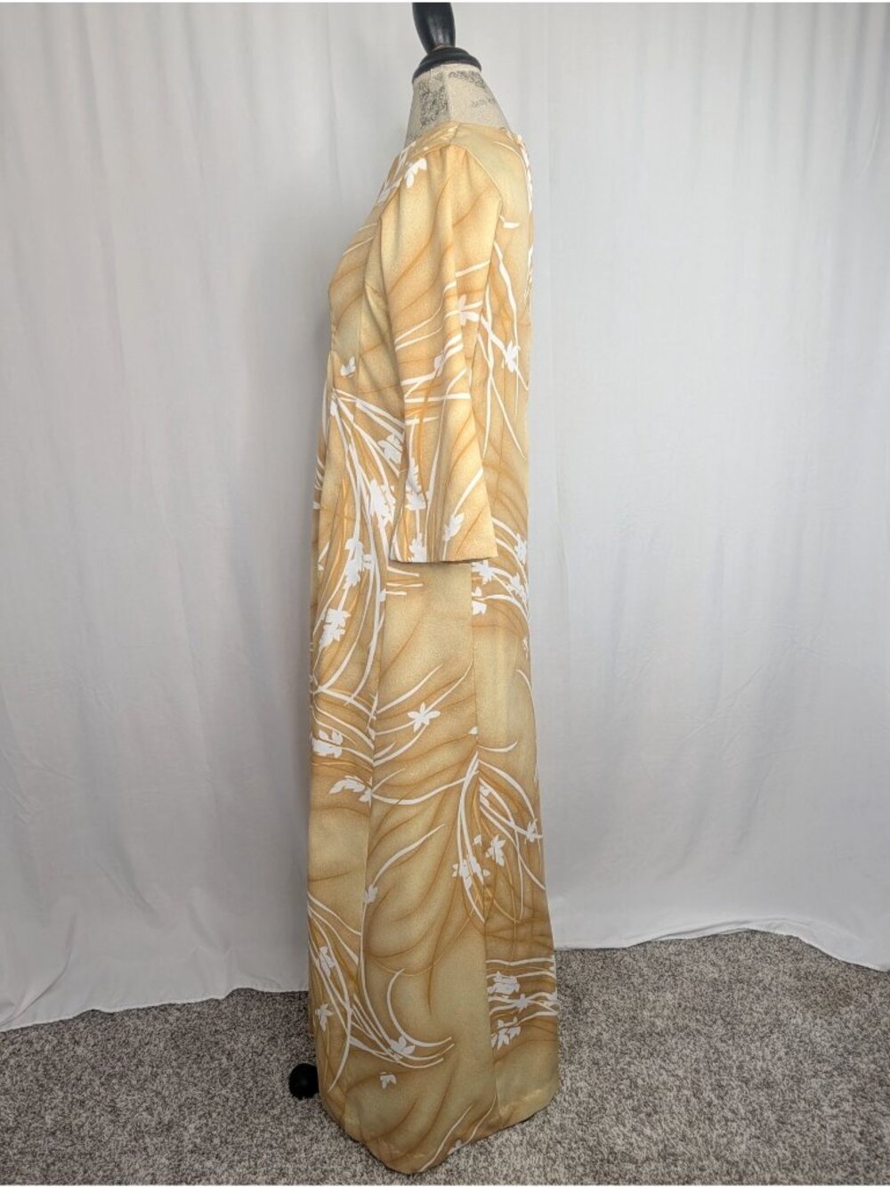Vintage 60s Hawaiian Maxi Dress Medium Malama Tan Yellow - Picture 5 of 10